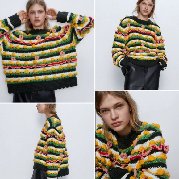 Zara chunky embellished bobble pom pom sweater, limited oversized floral knit - Picture 9 of 9